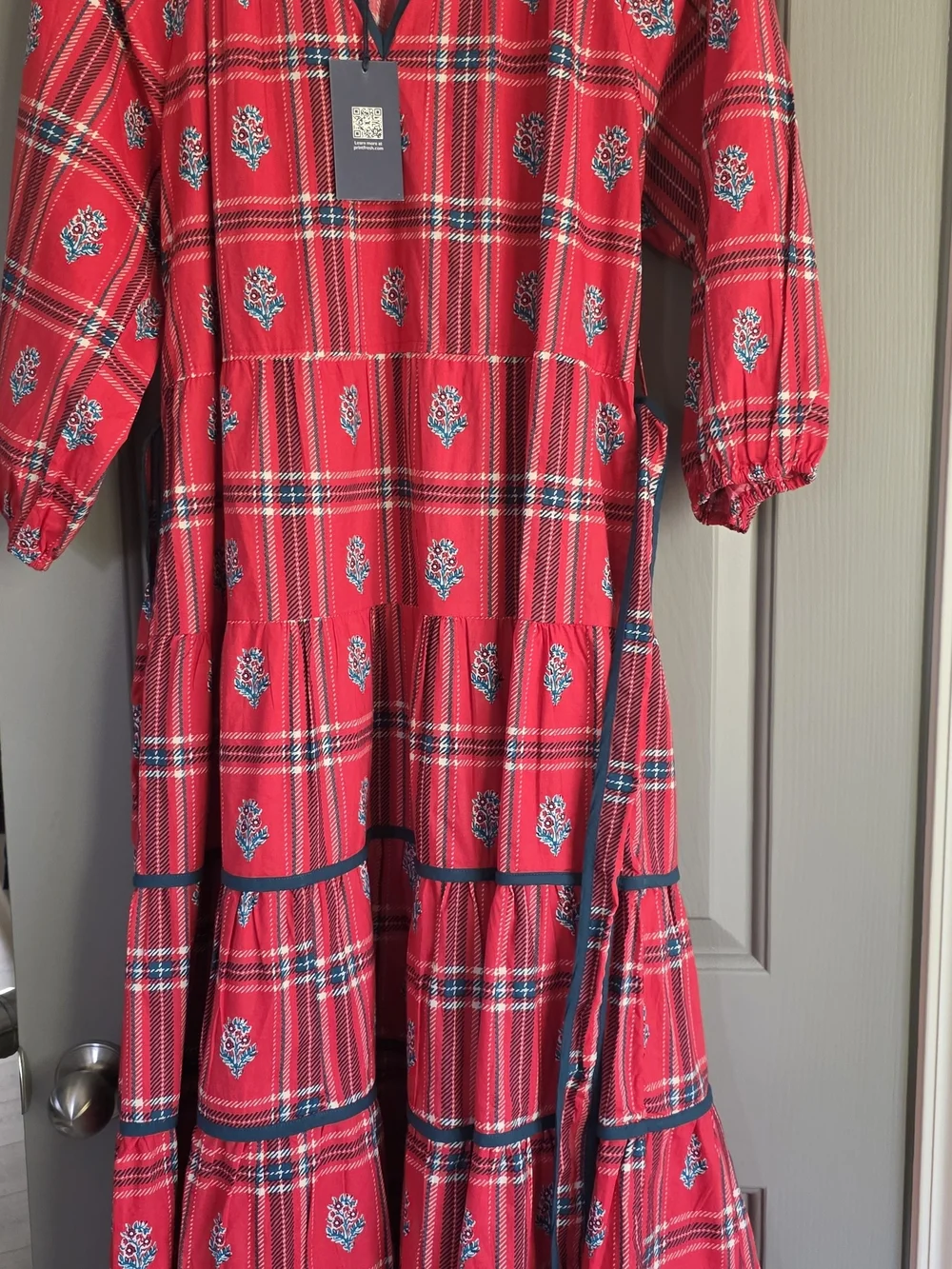 Printfresh Red Plaid Tiered Maxi Dress with Blue Floral Motif - Picture 1 of 5